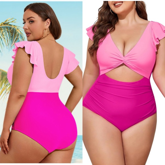 Women's Plus Size One Piece Swimsuits Tummy Control V Neck Cutout Bathing Suit - Picture 3 of 17